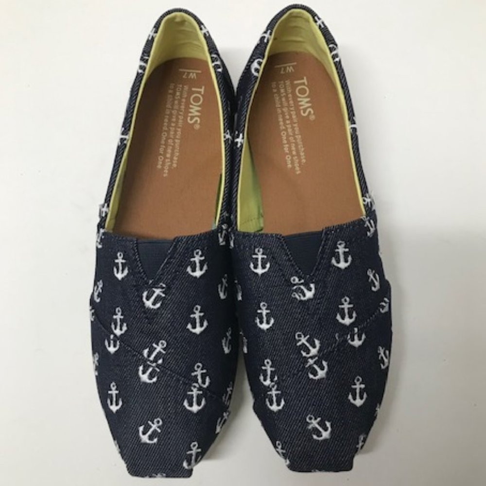 TOMS Navy Blue & White Anchor Embroidered Alpargata Slip-ons